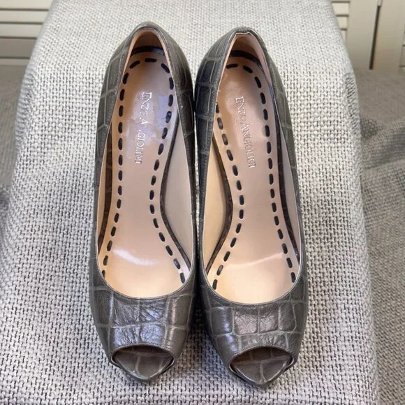 Enzo Angiolini Women's Tanen Grey Leather Peep Croc Stiletto Heel Pumps Size 8 M - Picture 8 of 11